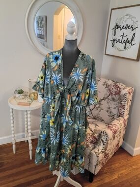 BloomChic Olive Green Floral Tie-Front Midi Dress Sz. 28 Women's Plus